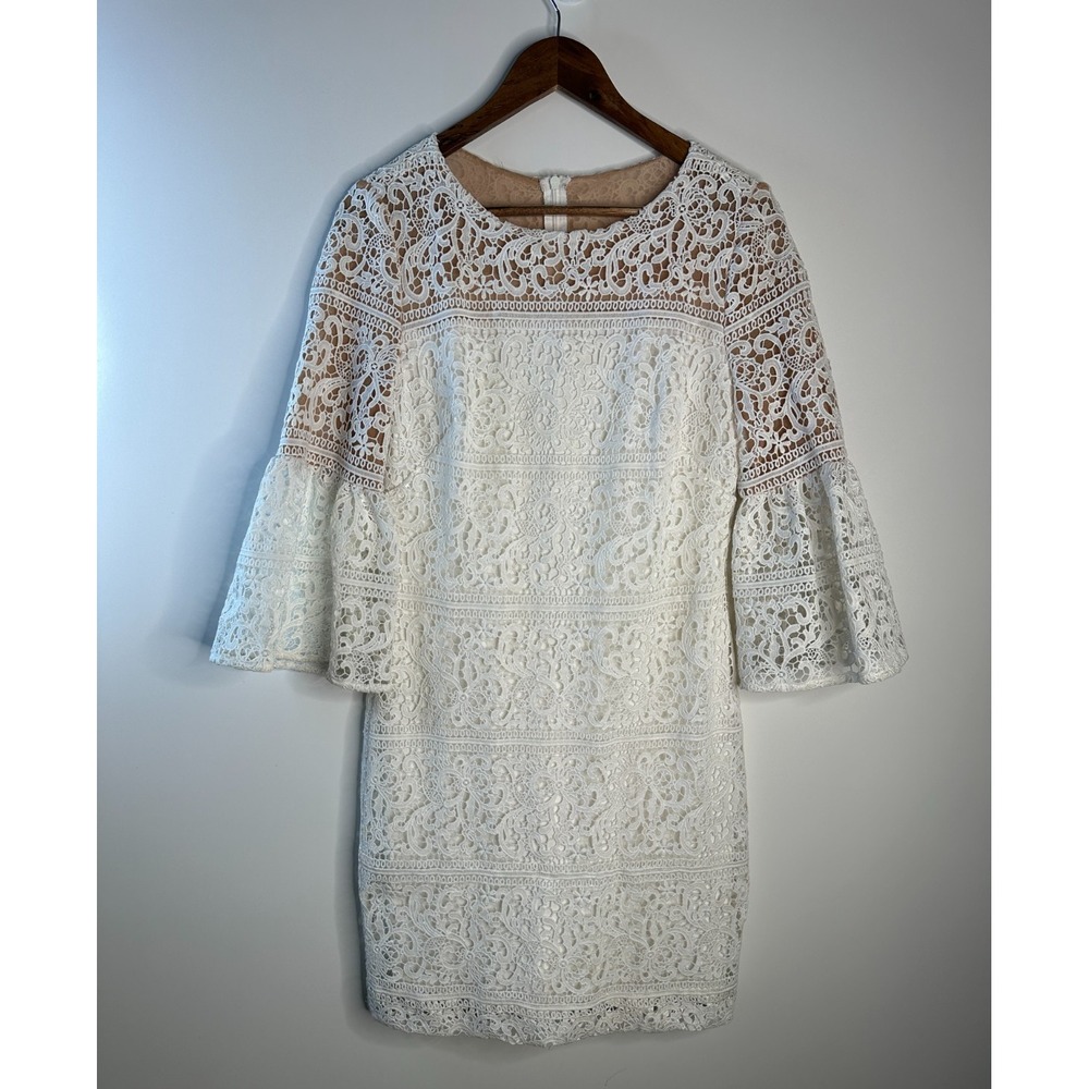 Lauren Ralph Lauren White Lace Bell Sleeve Shift Dress Sz 6 Floral Wedding Guest - Picture 13 of 13